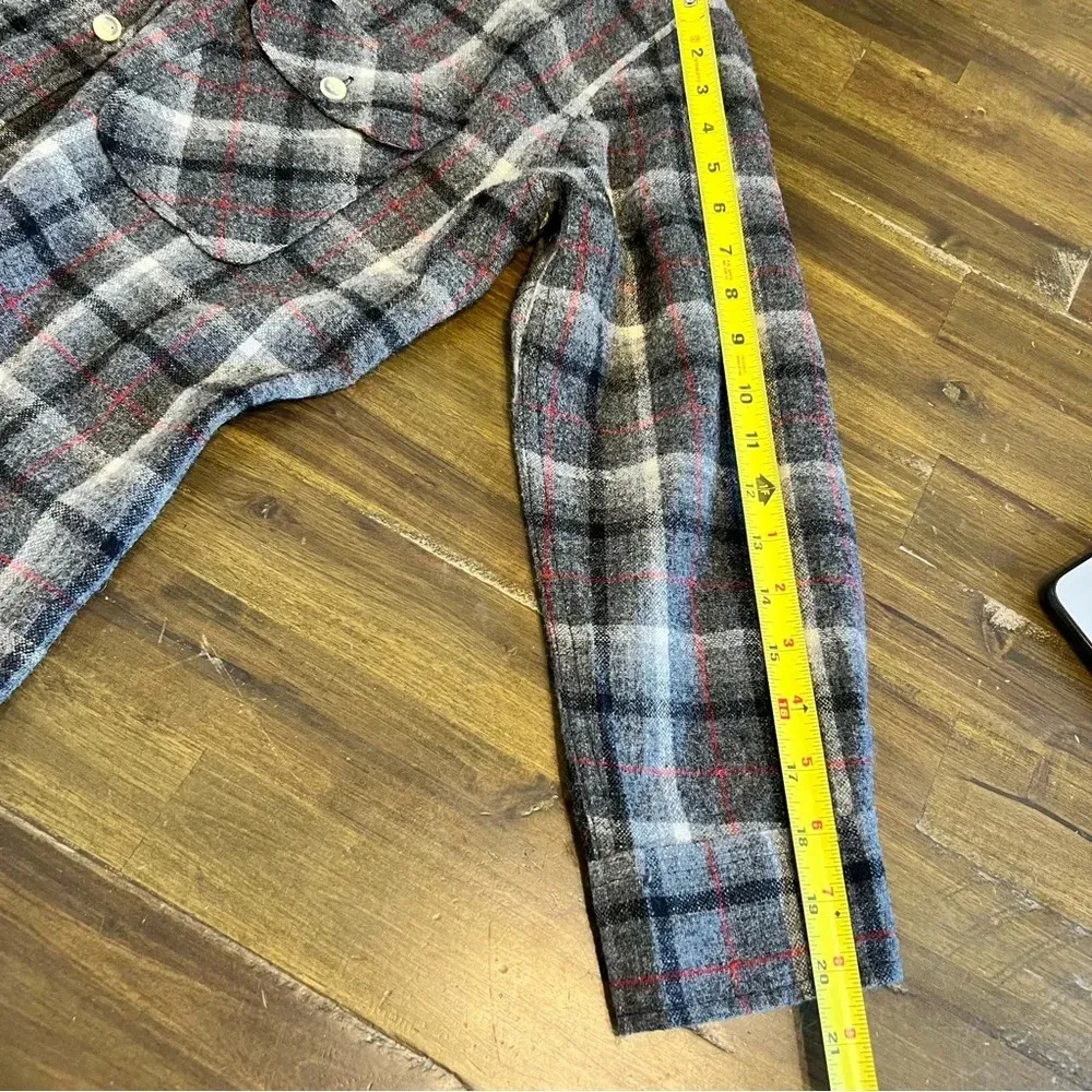 Briggs Vintage Plaid Wool Shirt Button Down Zipper Boxy Grid Window Pane Gray M - Image 9
