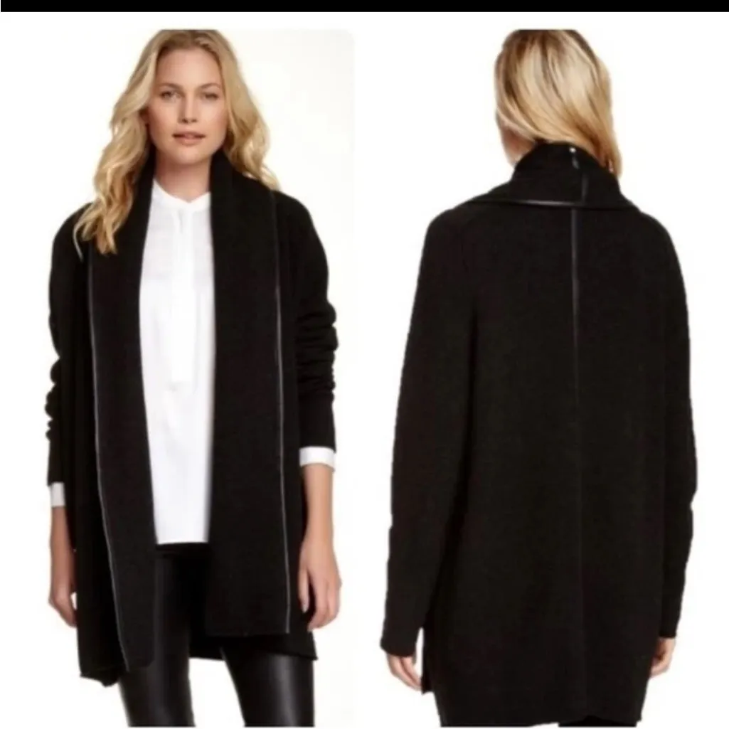 VINCE Open Front Yak & Wool Lambskin Leather-Trimmed Cardigan gray medium FLAWED - Image 2