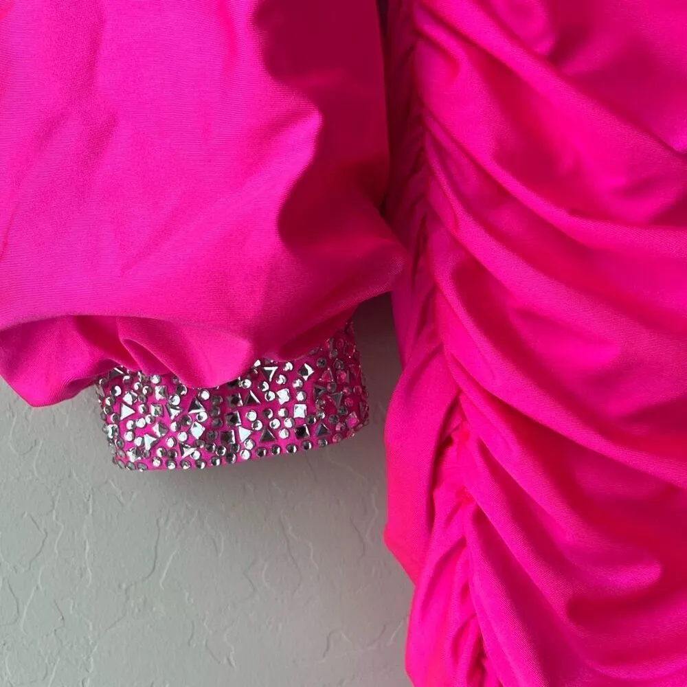 Sophia Thomas 8521 Hot Pink‎ Ruched One Shoulder Rhinestone Cuff Mini Dress Sz 4 Pink - Image 5