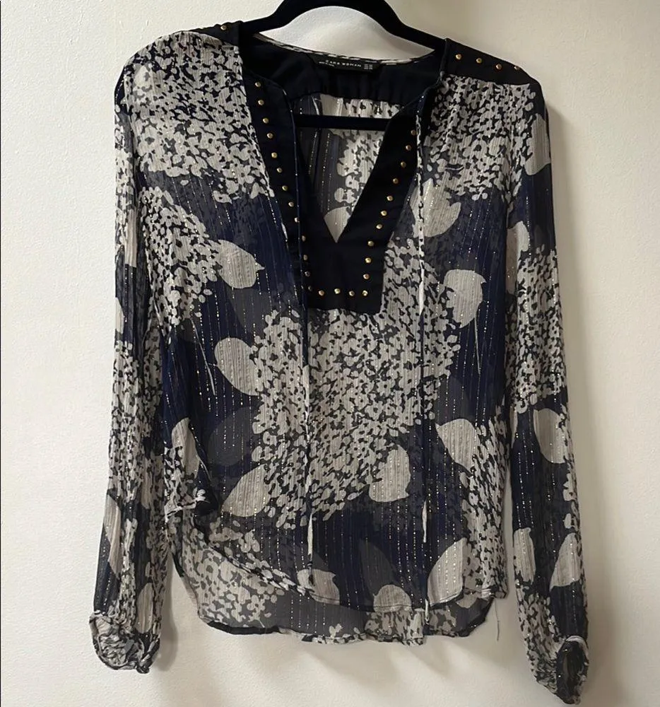 Zara | Sheer Navy White Gold Floral Blouse XS - Image 2