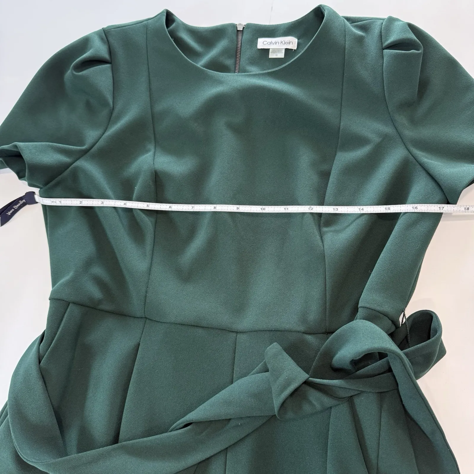 Calvin Klein Green Puff Sleeve Belt Stretch Wide Leg‎ Crop Jumpsuit 12 Pockets - Image 9