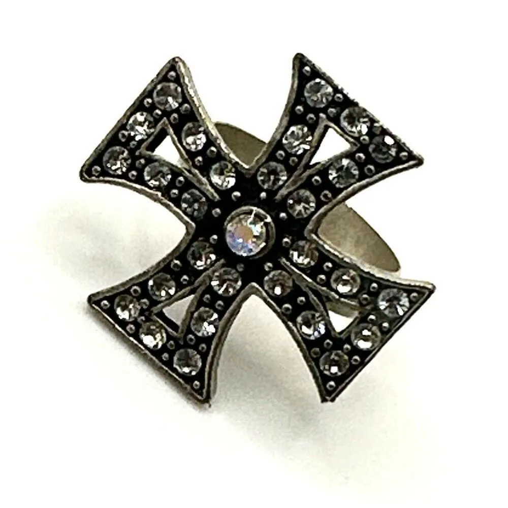 Silver tone iron cross rhinestone ring - Image 3