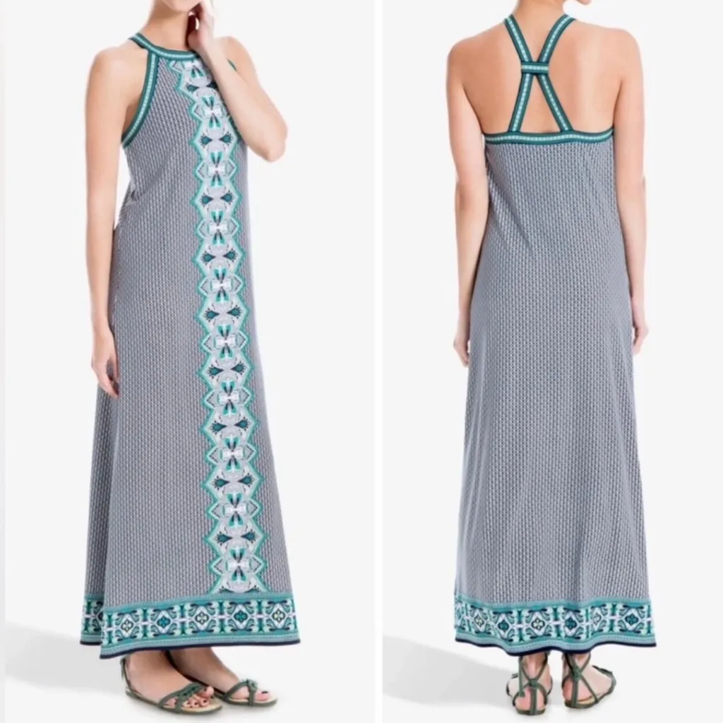 Max Studio Dark Blue Green White Floral Halter Maxi Dress Casual Large - Image 2