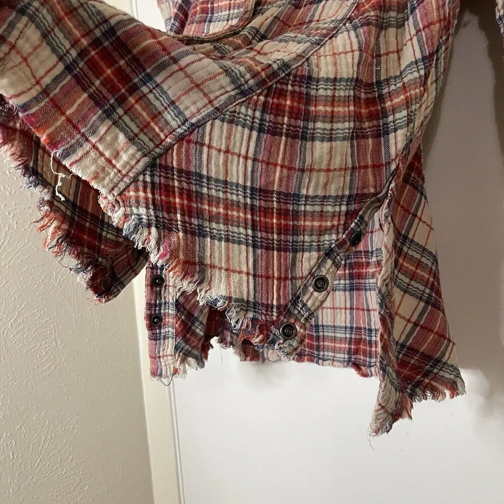 Free People Juniper Red plaid raw hem snap button front flannel shirt Small - Image 3