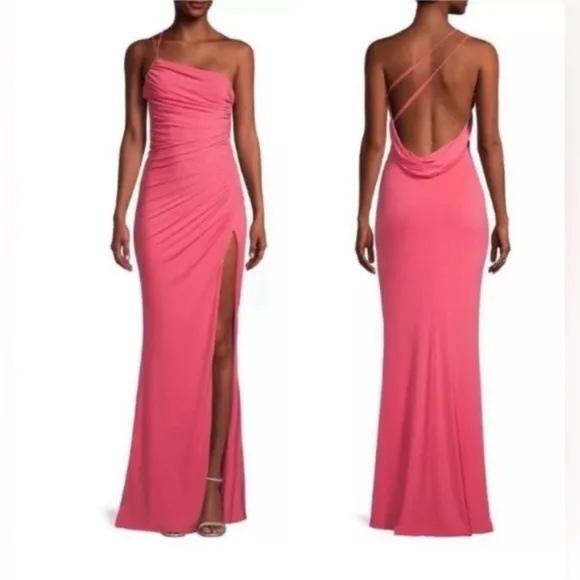 NEW Katie May Coral Winnipeg One Shoulder Ruched Knit Gown Size Large Side Slit - Image 2