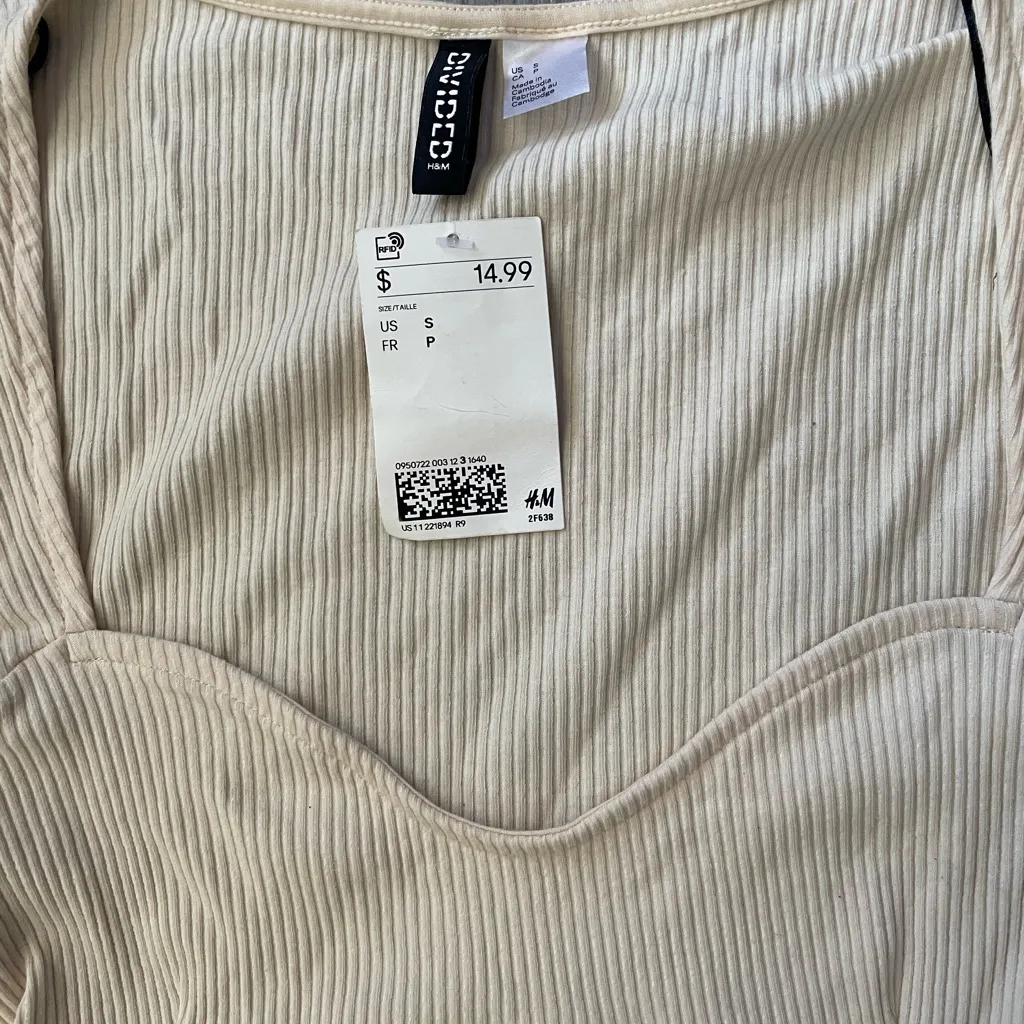 H&M Cream Cropped Ribbed Corset Long Sleeve Top size Small - Image 2