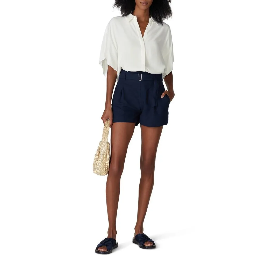 Club Monaco Darcee Navy Blue Linen Belted Paperbag Shorts Size 12 - Image 3