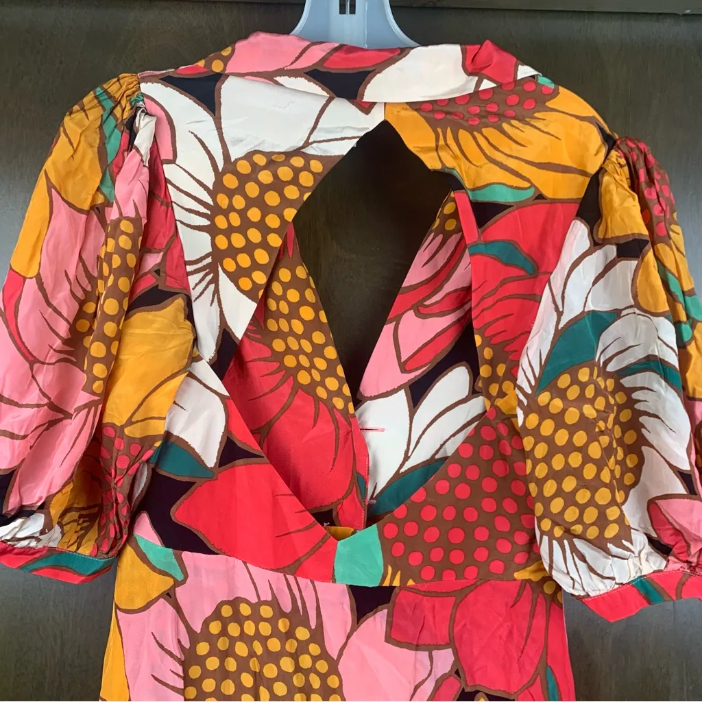 Farm Rio size small pink orange floral midi dress tropical cottage sunflower - Image 13