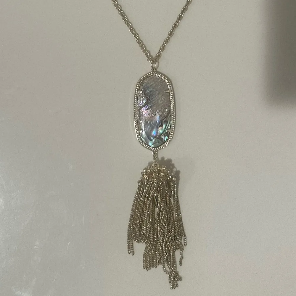 Kendra Scott Rayne Abalone Shell Long Gold Fringe Necklace Blue Green Purple - Image 4