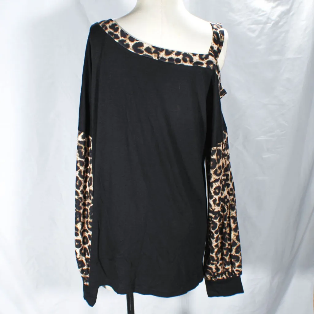 Leopard Animal Print One Shoulder Blouse Women's XL Chic Street Style Black - Image 4