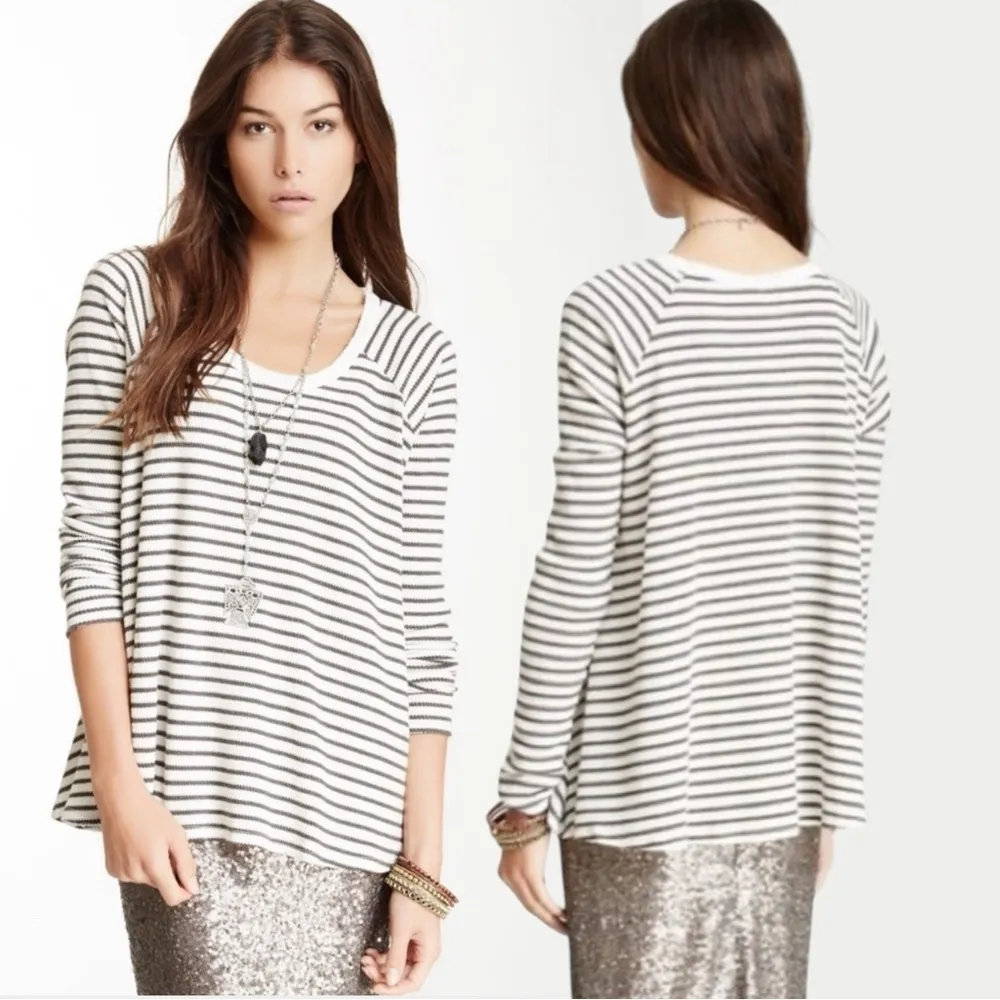 Free People Bohemian Grunge Thermal Striped Long Sleeve Top Size Large Boatneck - Image 2