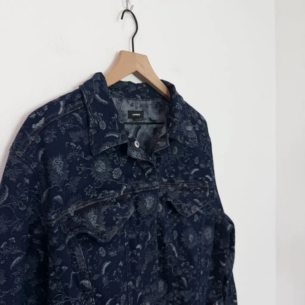 Express Floral Denim Cropped Moto Jacket Sunflower size Large - Image 4