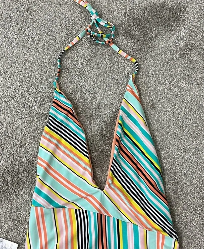 New Bikini Lab Small Blue, Orange Asymmetrical Plunge Halter One Piece Swim Suit - Image 5