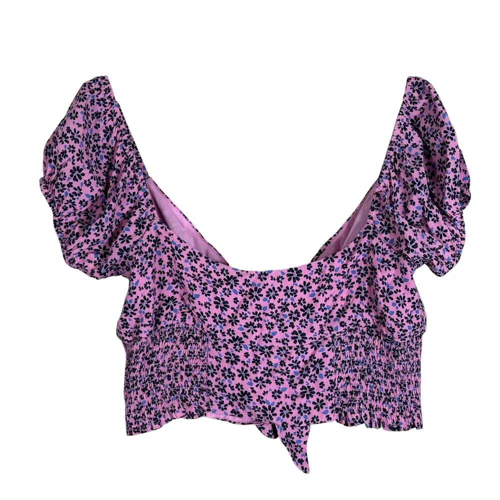 Olivaceous Crop Top Womens L Pink Floral Smocked Cut Out Tie Front Cottagecore - Image 3