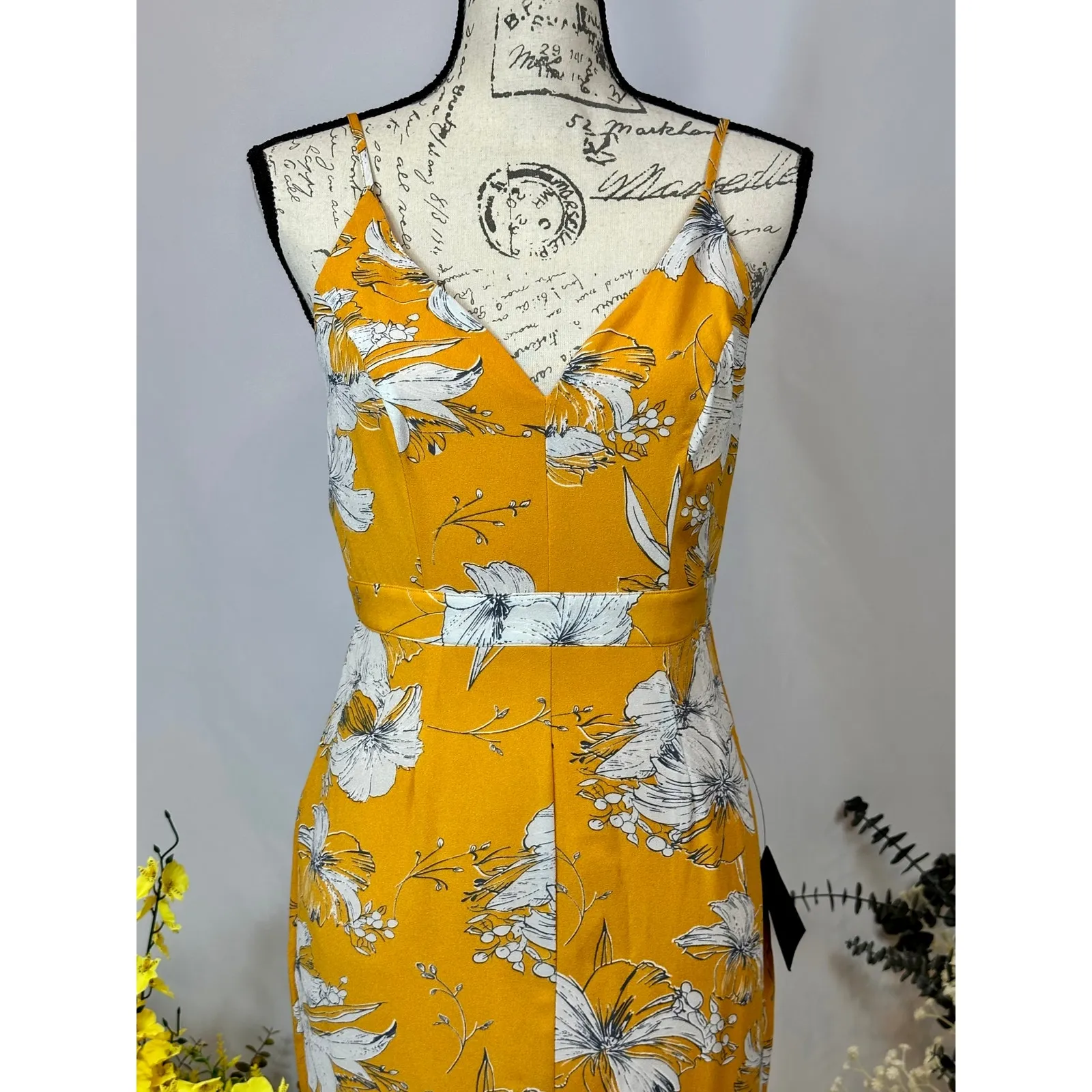 Lulu’s Darling Daylily Mustard Yellow Floral Print High-Low Maxi Dress M - Image 7