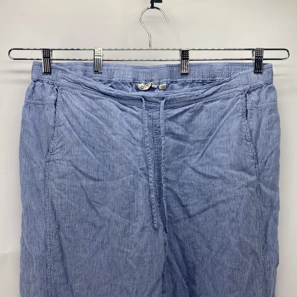 Orvis blue white linen draw string pockets cropped pants preppy lightweight - Image 2