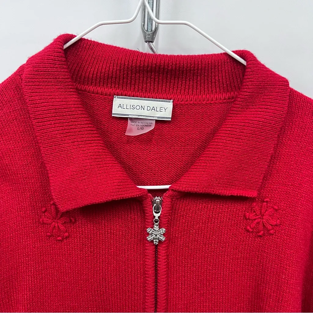 Allison Daley Red L full zip up long sleeve sweater snowflake appliqué sequins - Image 6