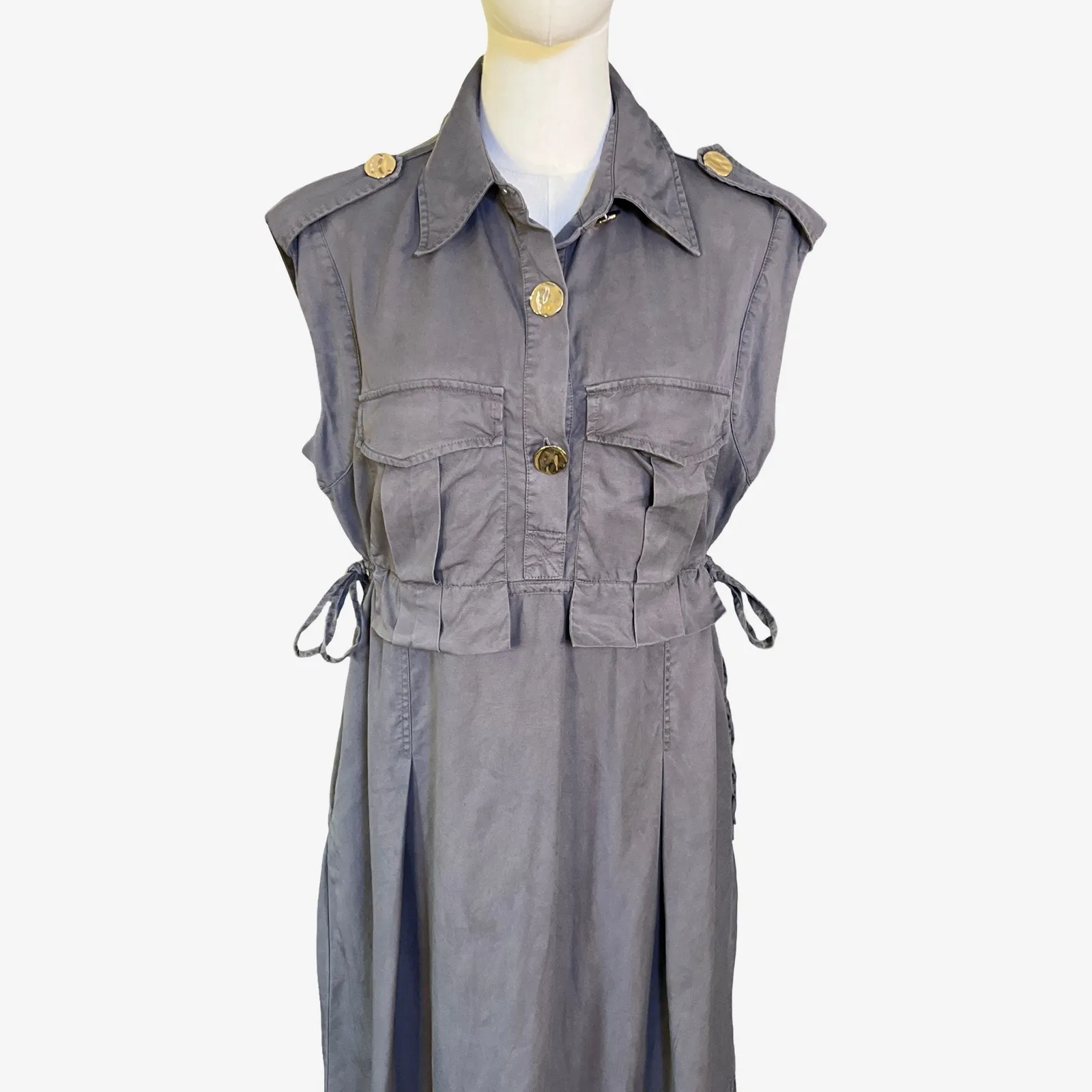 Mint Velvet Utility Midi Shirt Dress Grey Lyocell Sleeveless Button Front 8 Gray - Image 7
