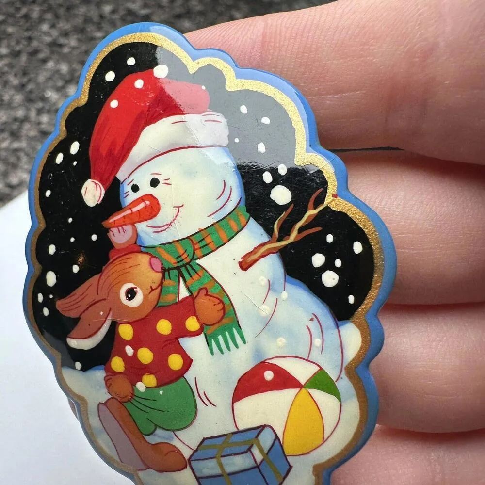 Hand Made In Russia Christmas Holiday Snowman Brooch Pin Paint Lacquer Russian - Image 5