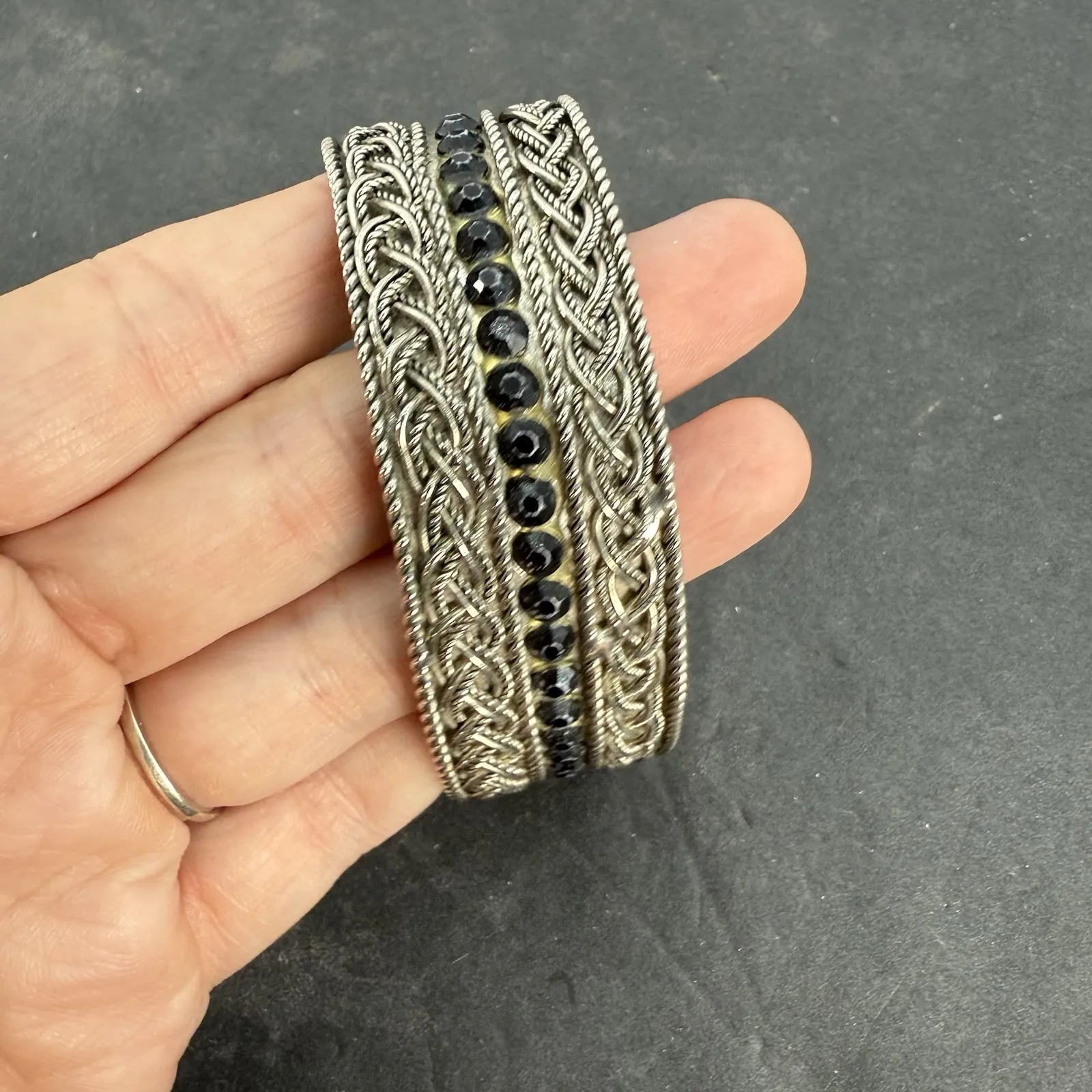 Vintage Silver Plate Black Rhinestone Cuff Bracelet Eternity Weave Rope Twist - Image 8
