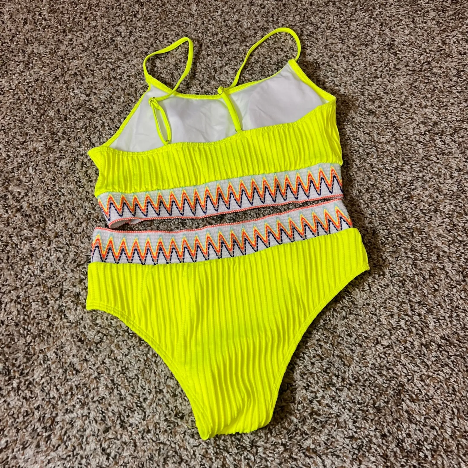 Neon Yellow Swimsuit Medium Two‎ Piece High Waist Cut Out Chevron Textured - Image 2