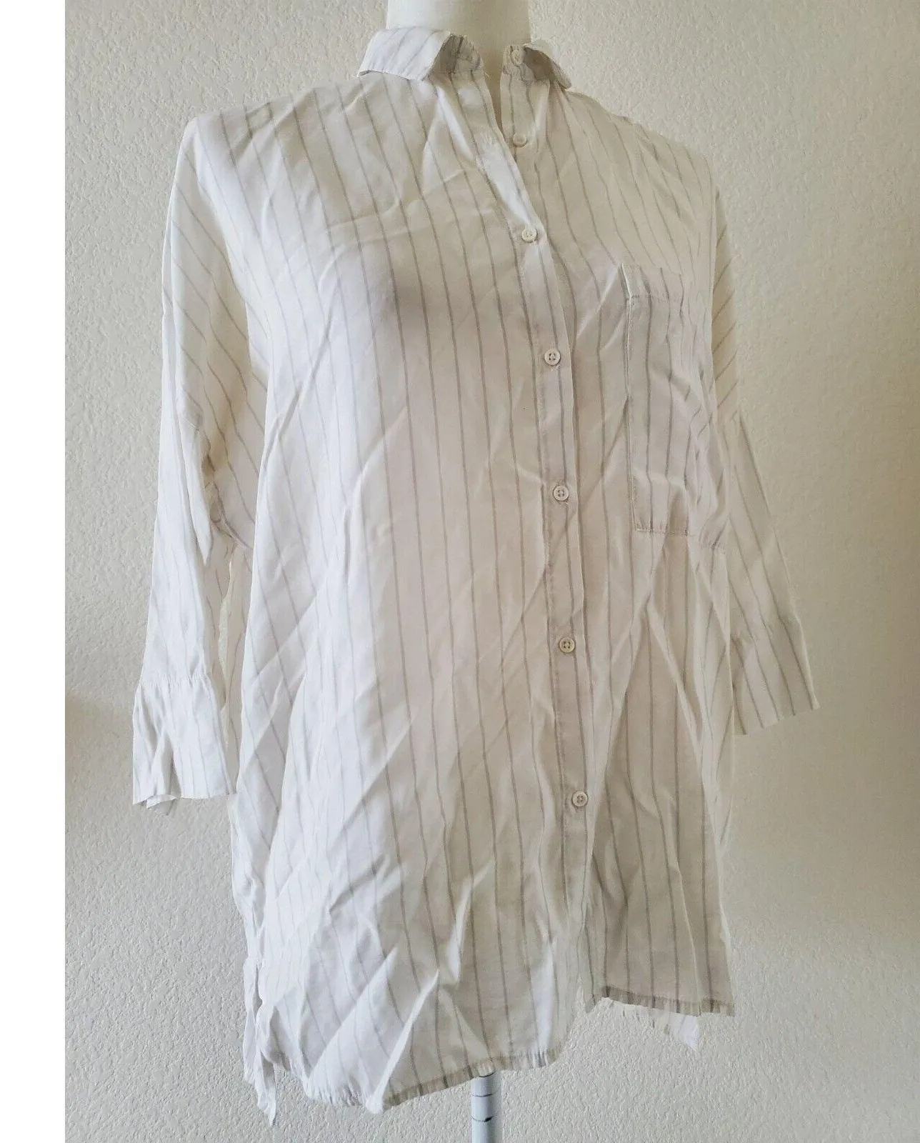 STRADIVARIUS Shirt Women Small White Striped 3/4 Sleeve Button High-Low - Image 7