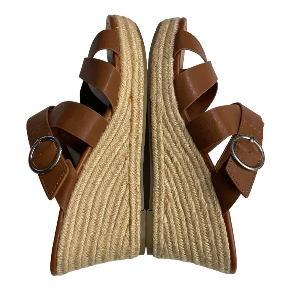 UNISA Women Brown Faux Leather Strap Wedge Sandal Sz 10 M Slip On Buckle Detail - Image 5