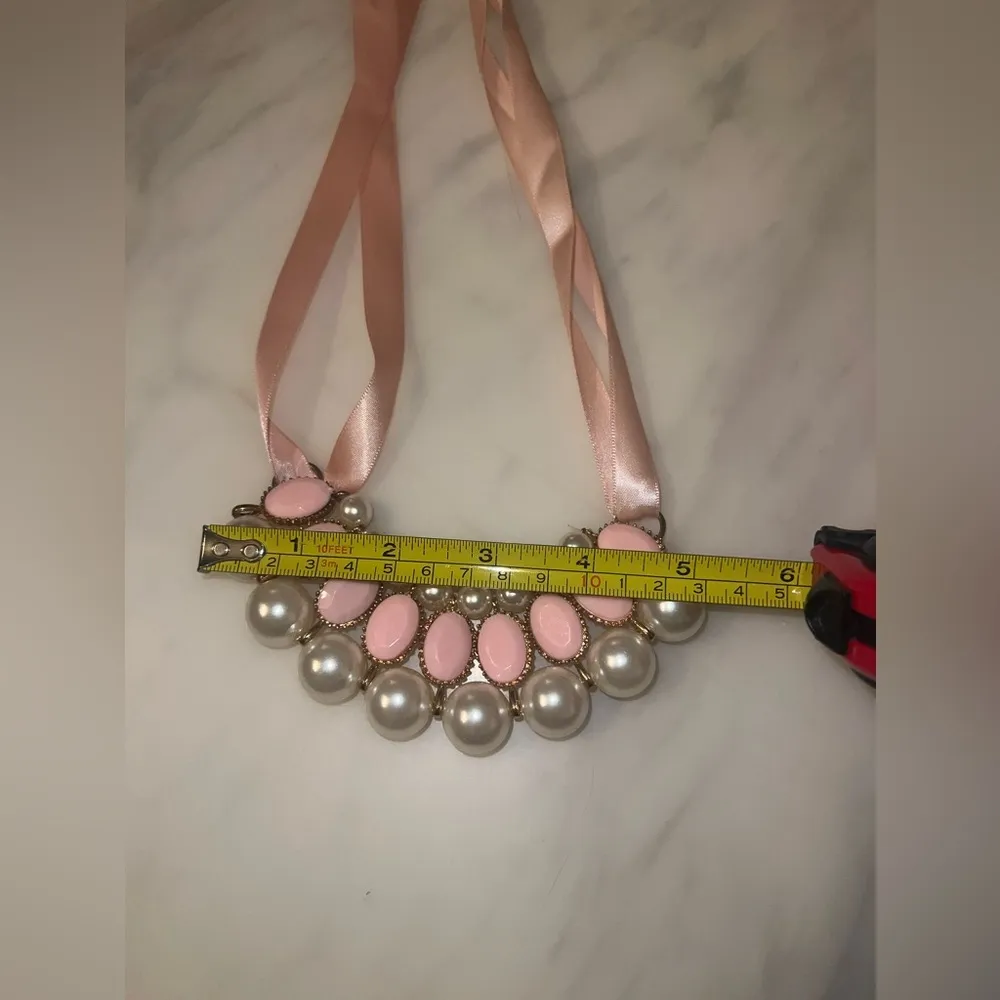 Beautiful Pink And Pearl Necklace With Pink Double Ribbon Tie Unique, Dainty - Image 6
