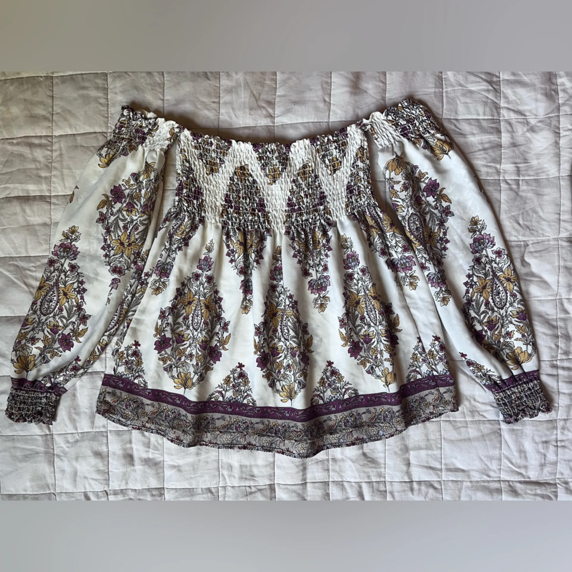 Show Me Your Mumu Cream Purple Paisley Floral Smocked Off Shoulder Top - Small - Image 2