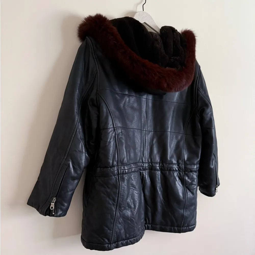 Leather Coat by Andrew Marc Fox and Faux Fur Trim Womens Size S Jacket with Hood - Image 8