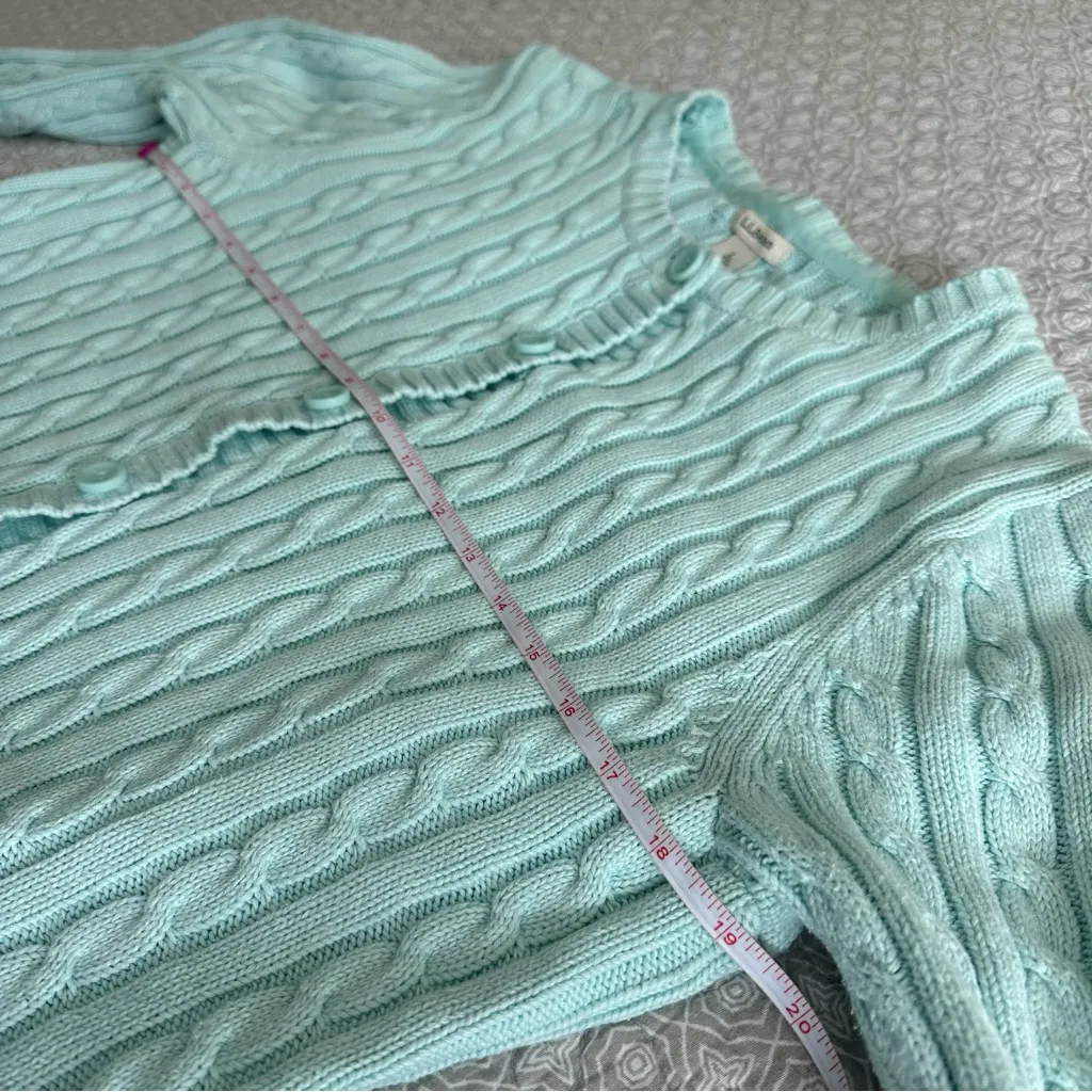L.L. Bean Cable Knit Cotton Cardigan Sweater Light Aqua Blue Mint Size L Size L - Image 5