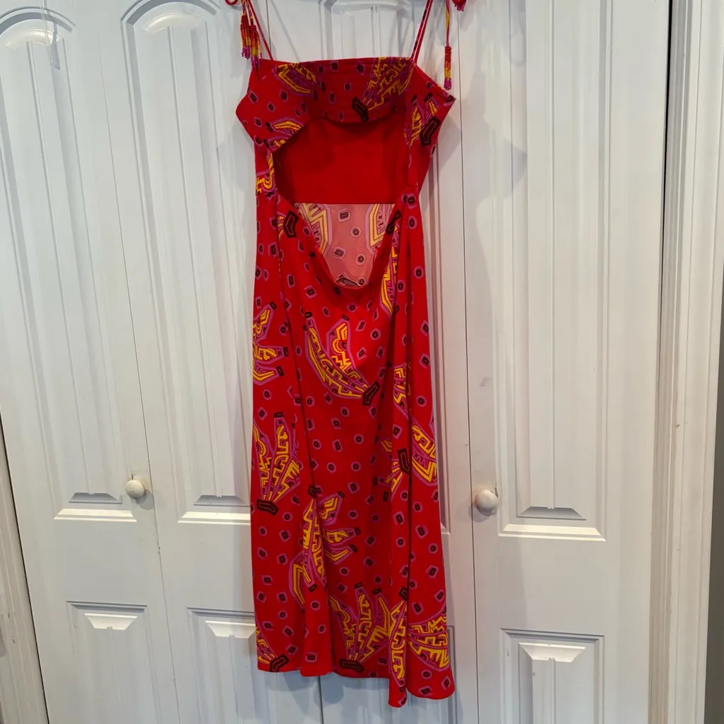 House Of Harlow Pink Banana Print Beaded Spaghetti Strap‎ Midi Dress Size Medium - Image 2
