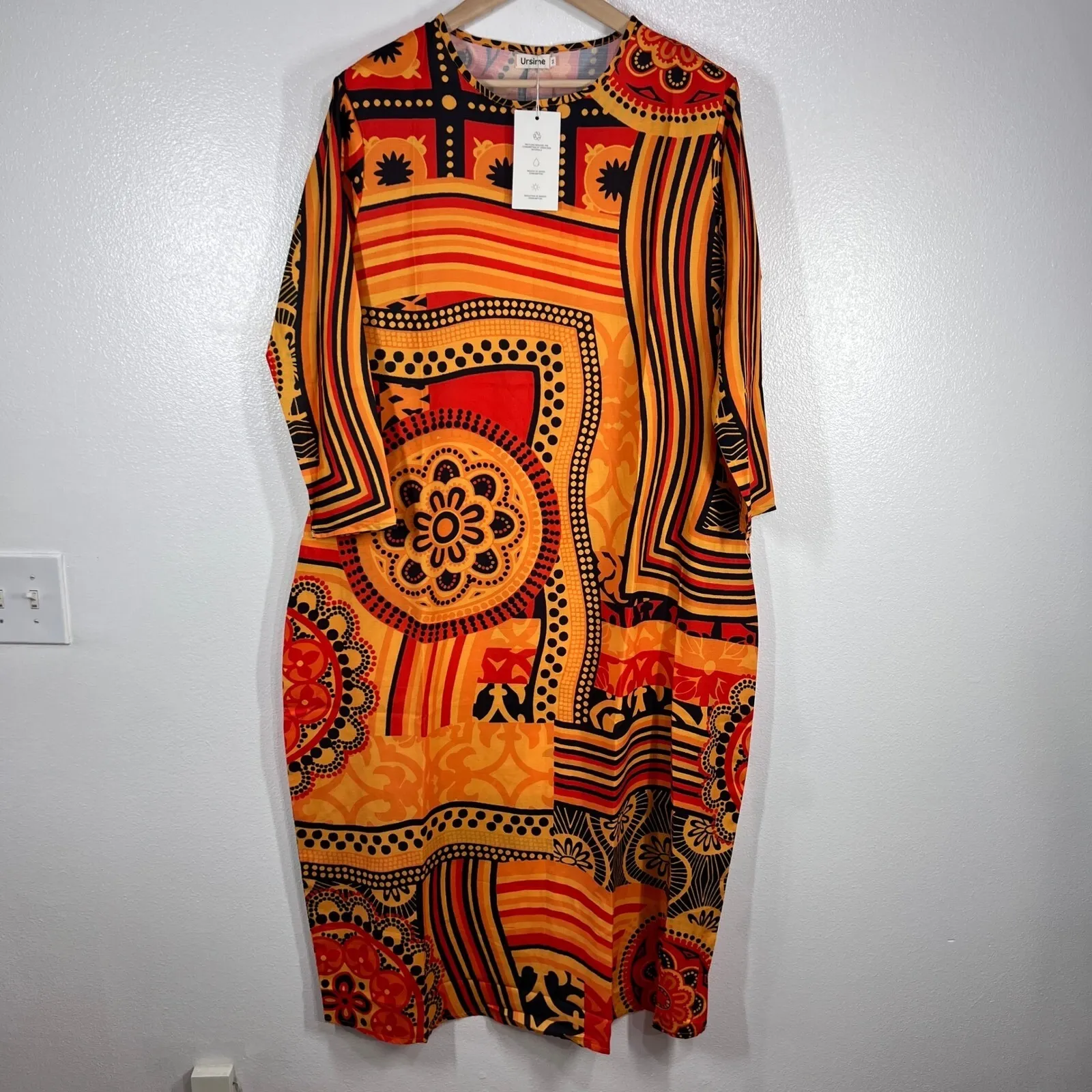 Ursimie Print Dress‎ Bohemian Casual 3/4 Sleeve Tunic Dress Orange Red Medium - Image 2
