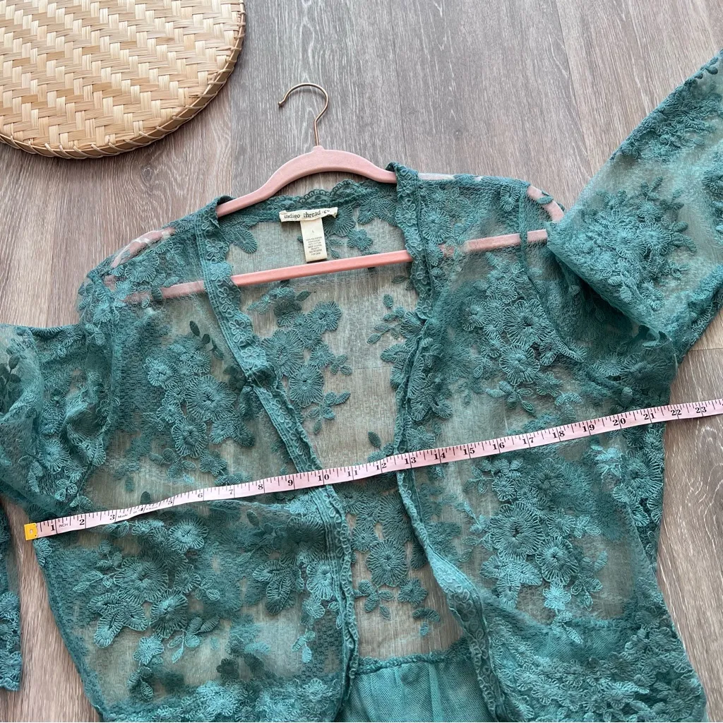 Indigo thread co mesh lace embroidered longline‎ kimono Green Size L - Image 6