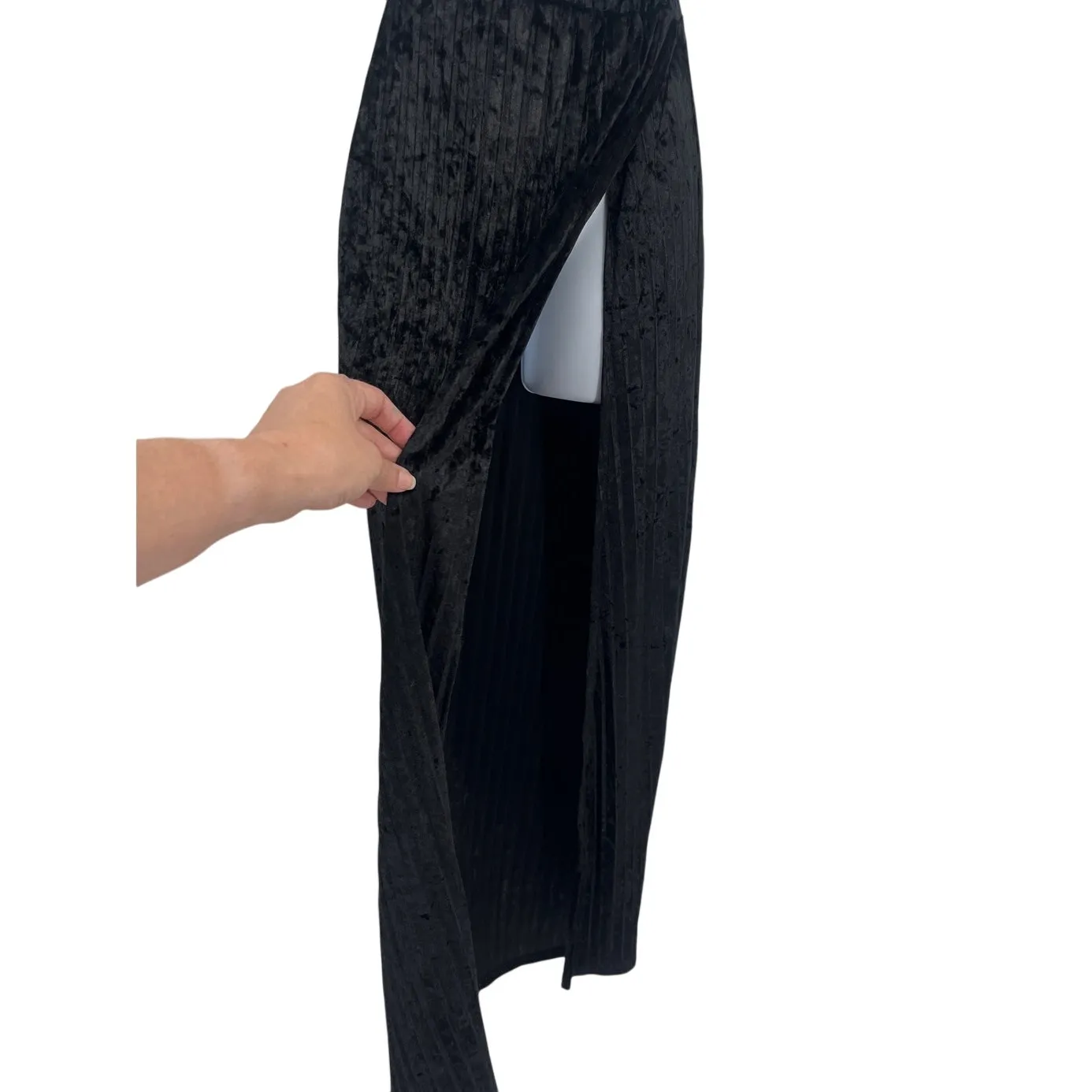 BLack Velvet Pleat Y2K Maxi Skirt XS Whimsigoth Goth Holiday Slit Romantic Glam - Image 3
