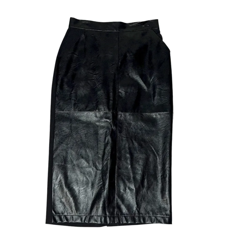 LA FEE MARABOUTEE Black Pencil Skirt Faux Leather Stretch Knit Pockets Size 36 - Image 4