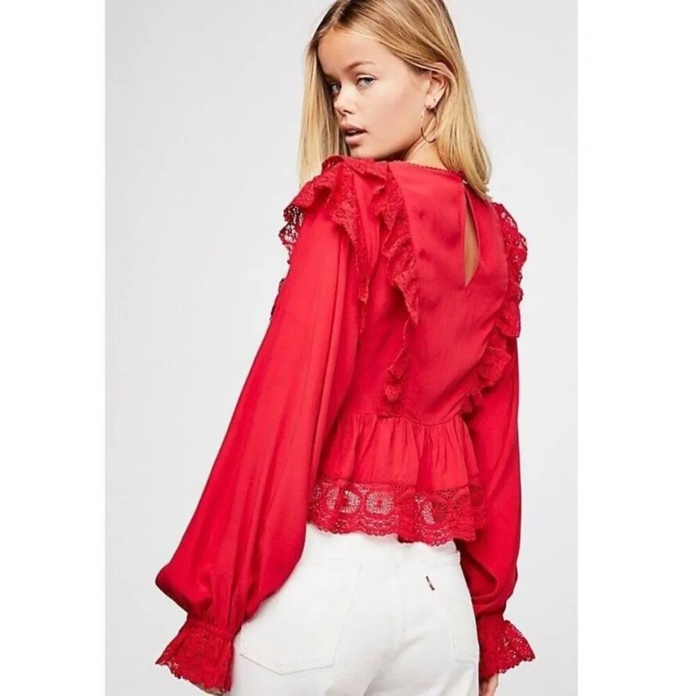 Free People Take it Easy Top Red Ruffle Button Keyhole Lace Peplum Long Sleeve - Image 2