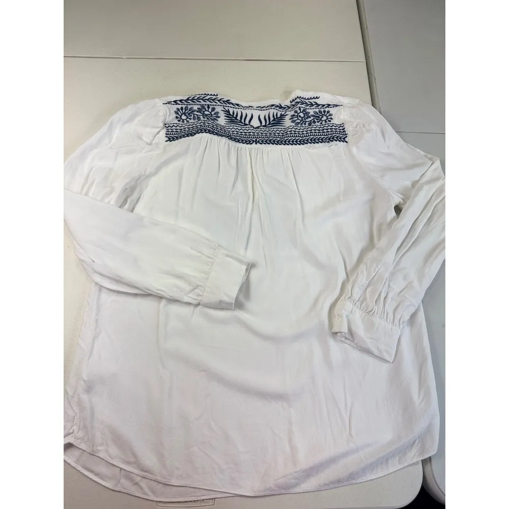 Saint Tropez West Embroidered Blouse Top White Blue Long Sleeve Boho Medium - Image 8
