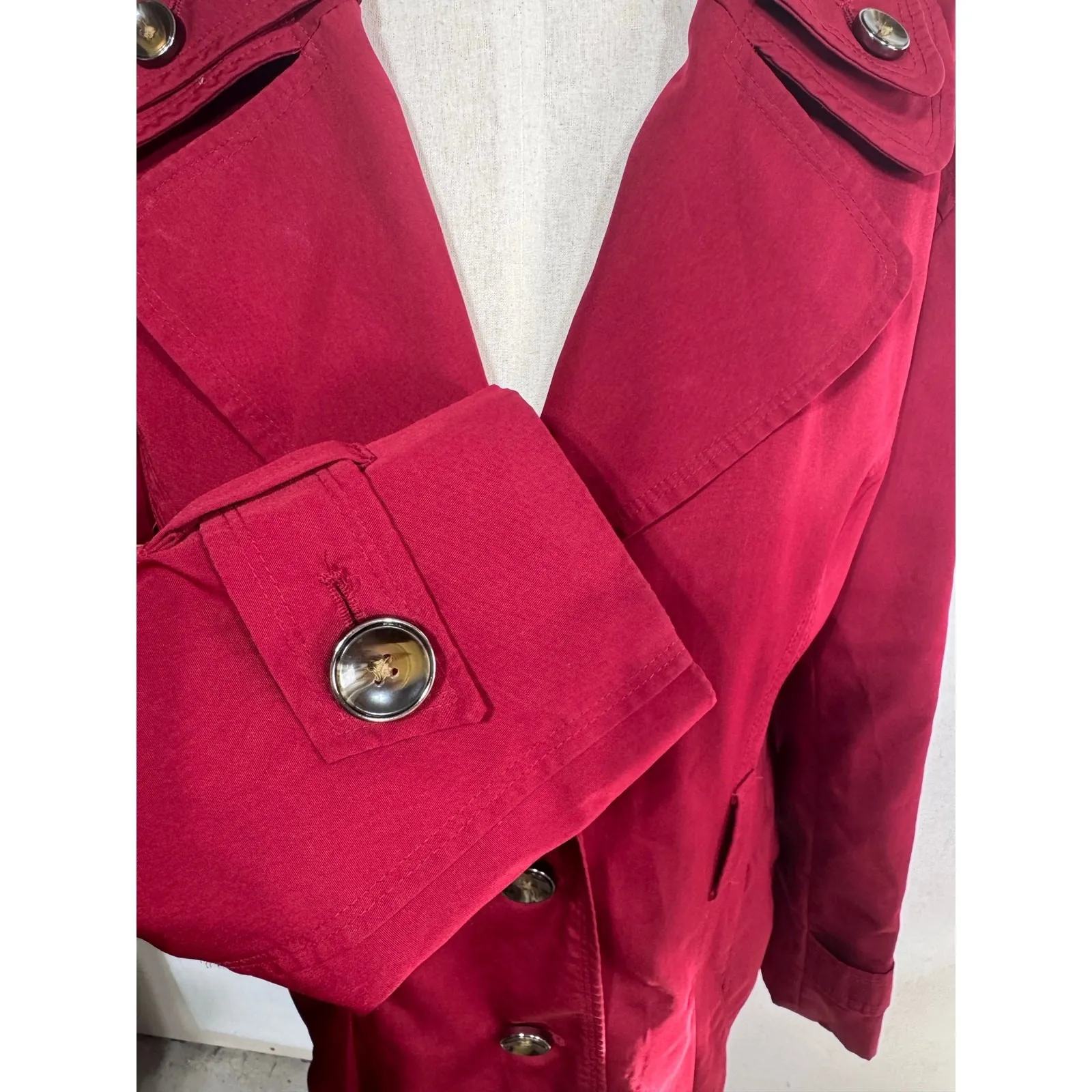 Liz Claiborne Water Resistant Chili Red Rain‎ Trench Coat Women's Size Small - Image 7
