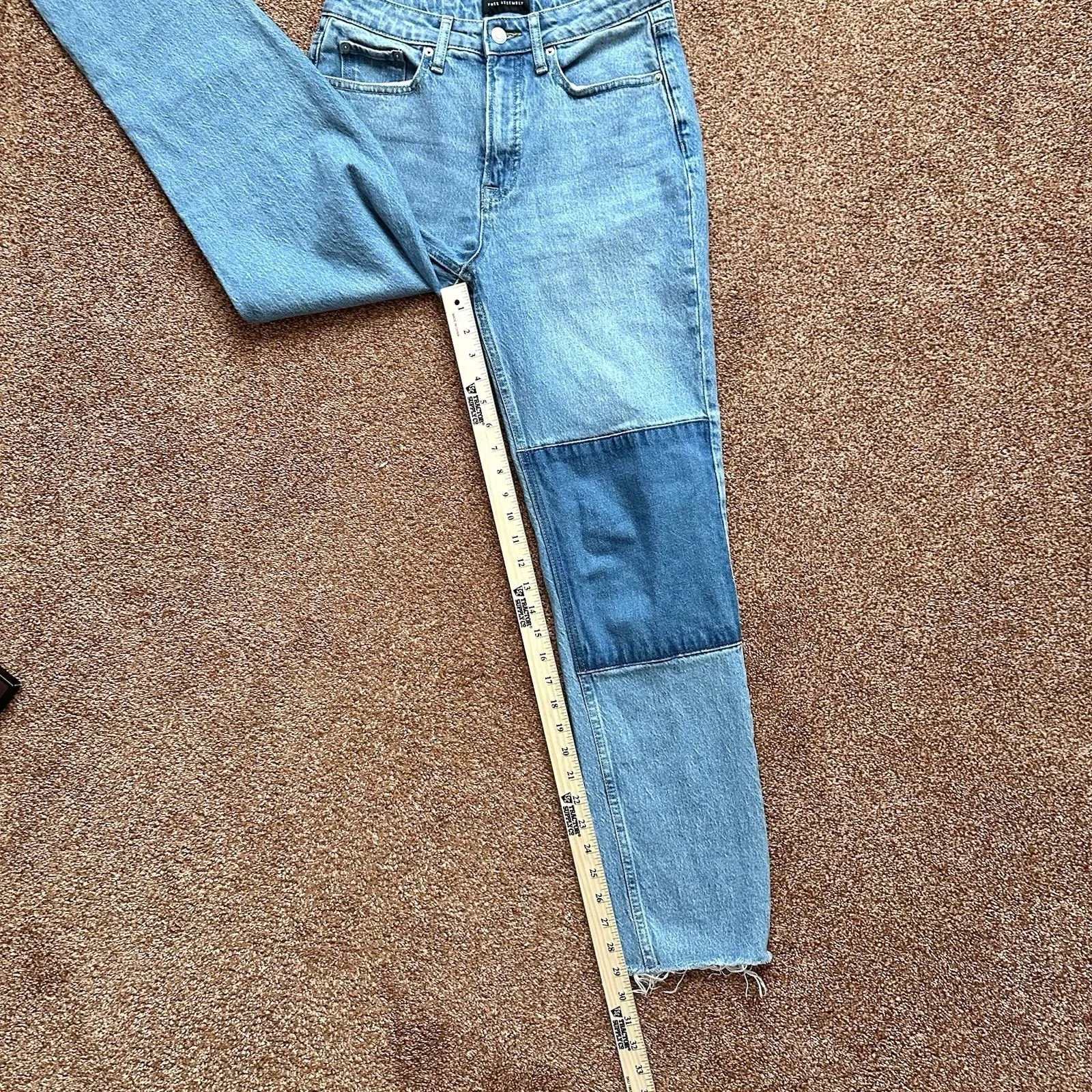 Free Assembly Denim Jeans Women’s 4 Patchwork Raw Hem High Rise Retro Casual Blue - Image 6