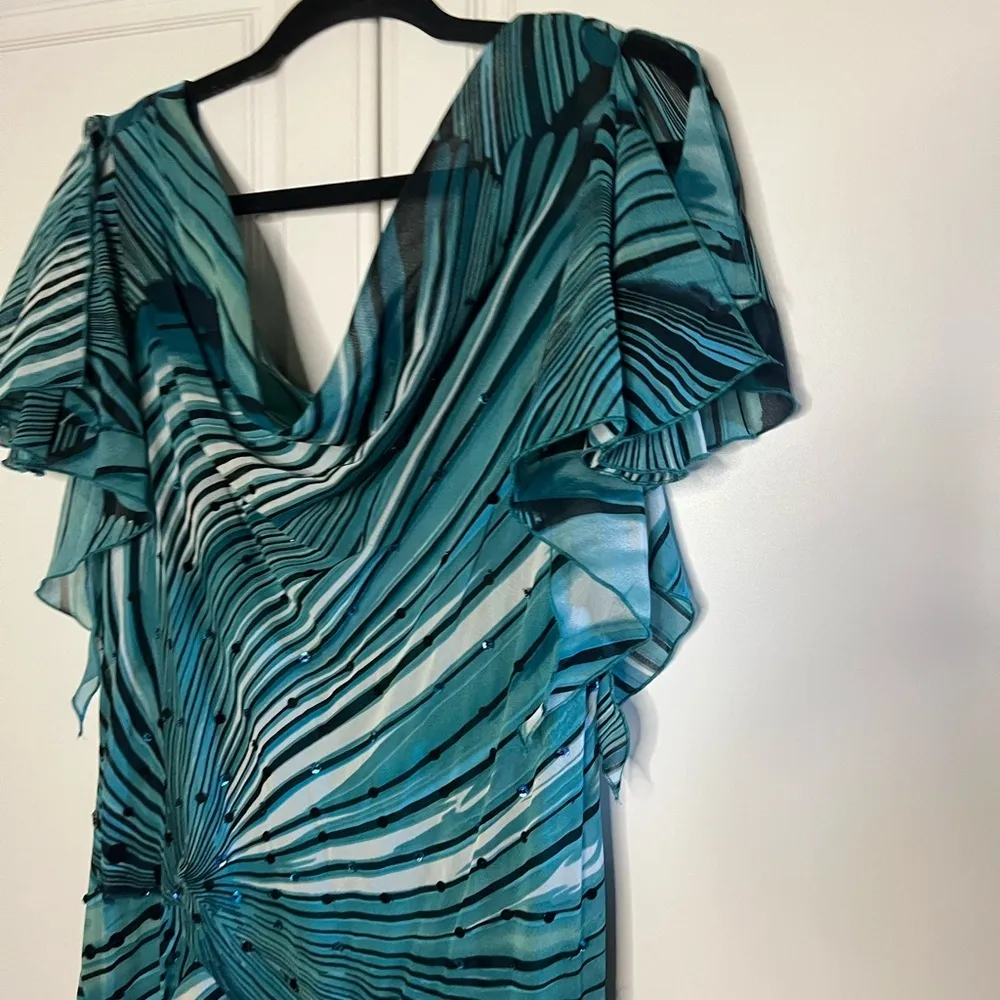 Vintage Robbie Bee Teal Abstract Chiffon Occasion Dress Size 14 - Image 4