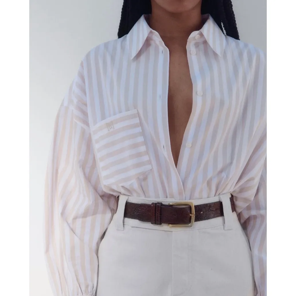 Helsa Cotton Poplin Striped Oversized Button Front Shirt Top Beige Stripe OS - Image 3