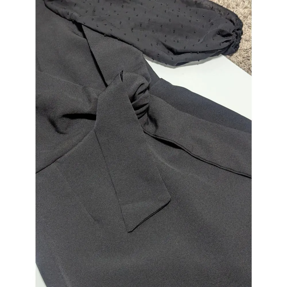 ASOS Wrap Front Mini Dress Textured Puff Sleeve Black Womens 2 Swiss Dot Bow Tie - Image 5