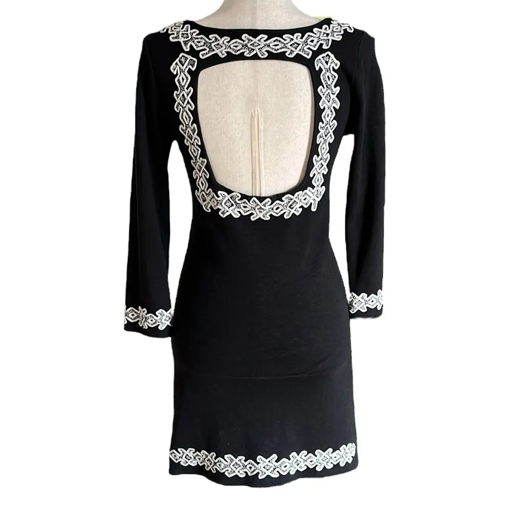 Free People Stretch Knit Backless Sheath Dress Embroidered 3/4 Sleeve Black - Image 5