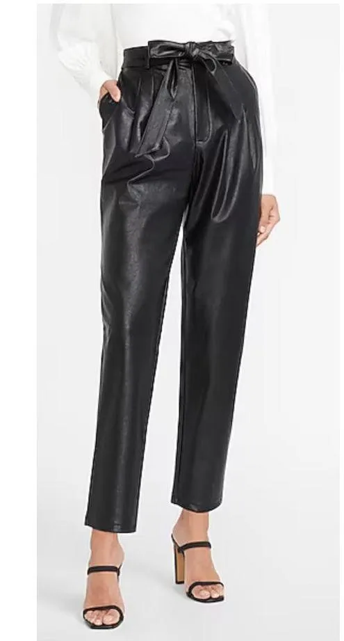 Express Black Faux Leather Ankle High Rise Paperbag Pants,4R - Image 3