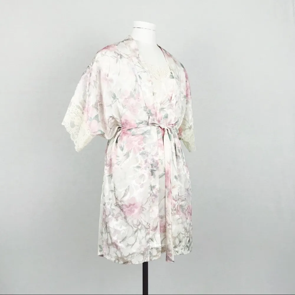 Vintage Satin Botanical Nightgown + Robe | Size M White Size M - Image 8
