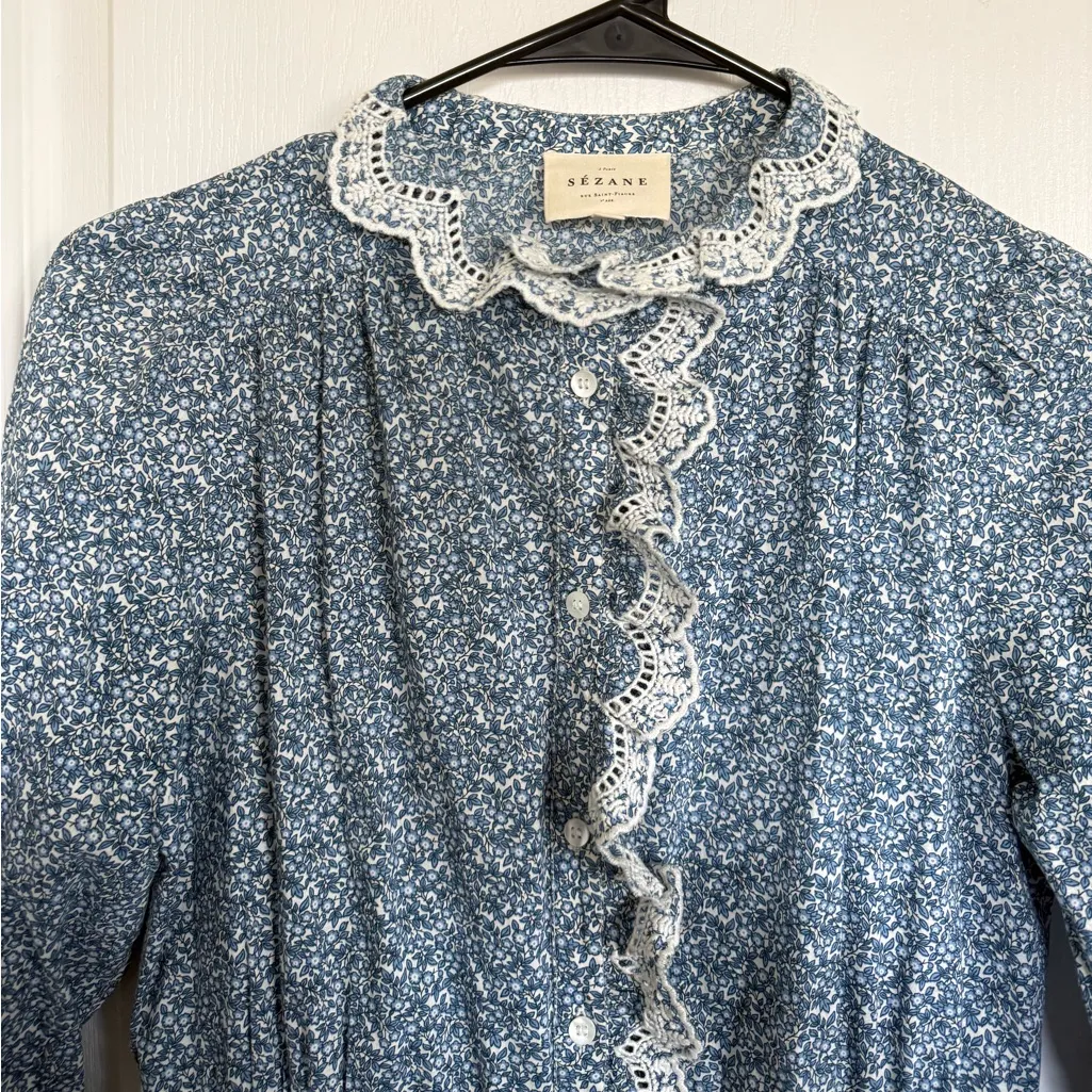 Sèzane Savanah Blue Floral Cottagecore Lace Trim Maxi Dress - Image 10