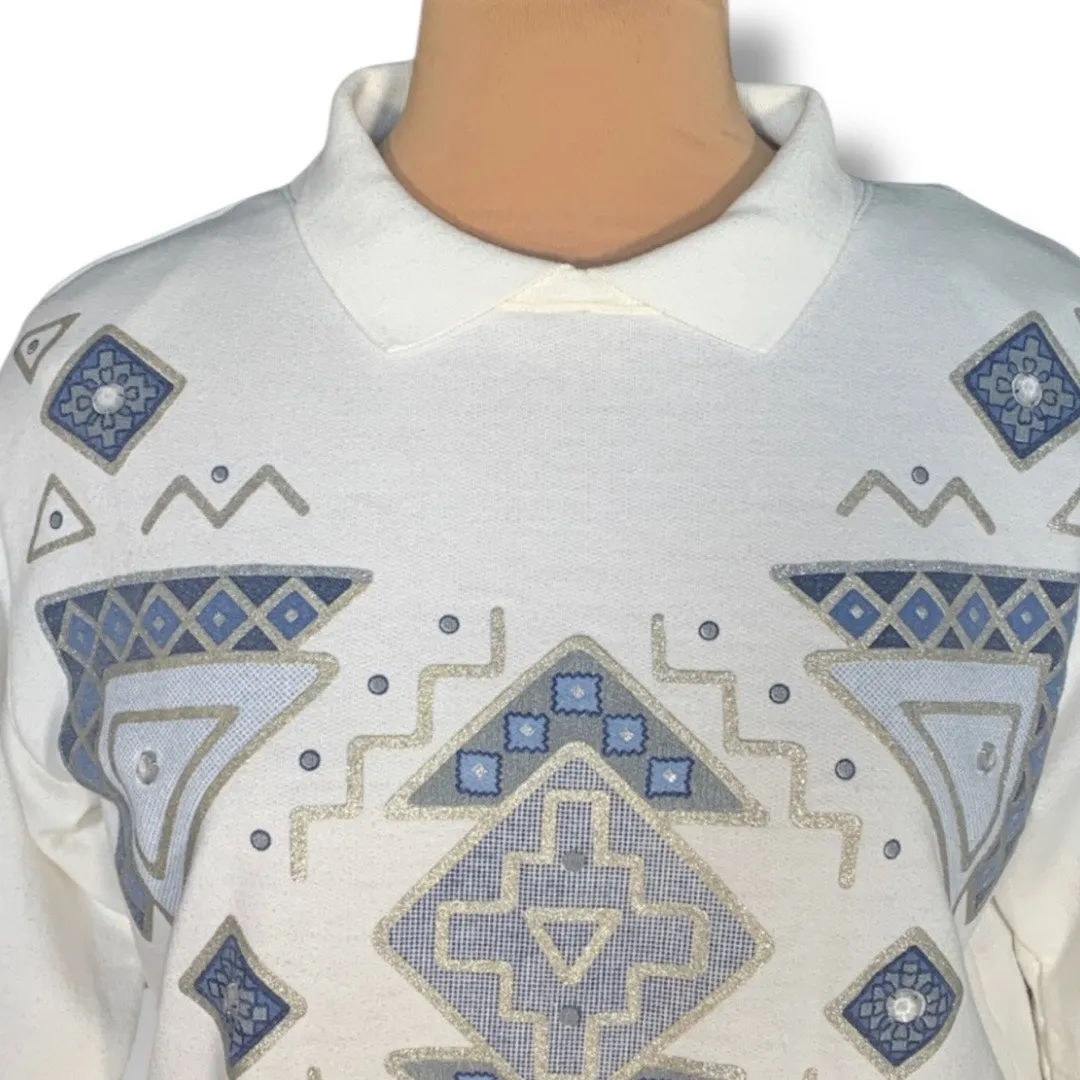 Vintage 80s White Blue Southwestern Geometric Collared Sweatshirt Size Small - Image 6