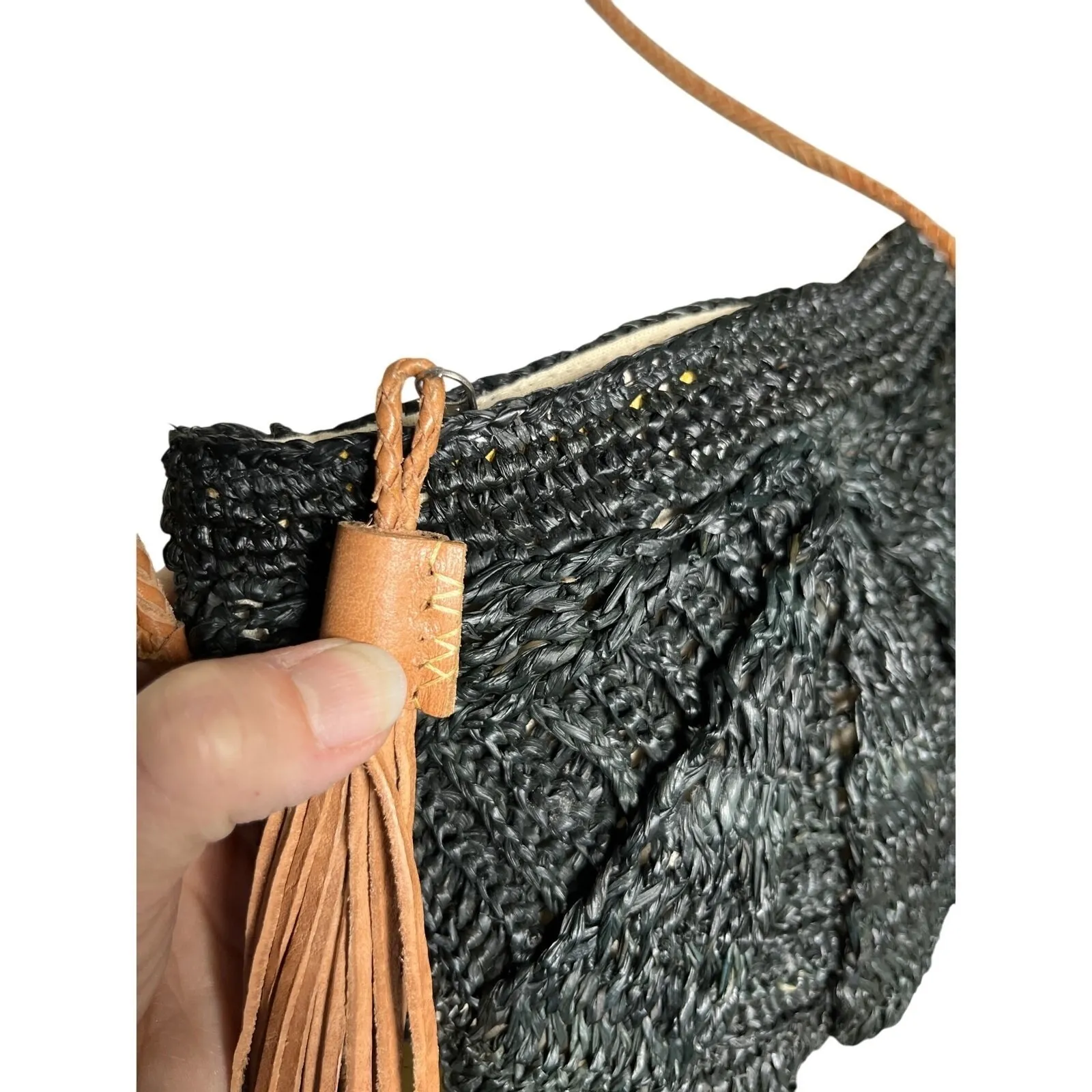 Mar Y Sol Raffia Shoulder Bag Black Woven Straw Purse Leather Tassel Madagascar - Image 2