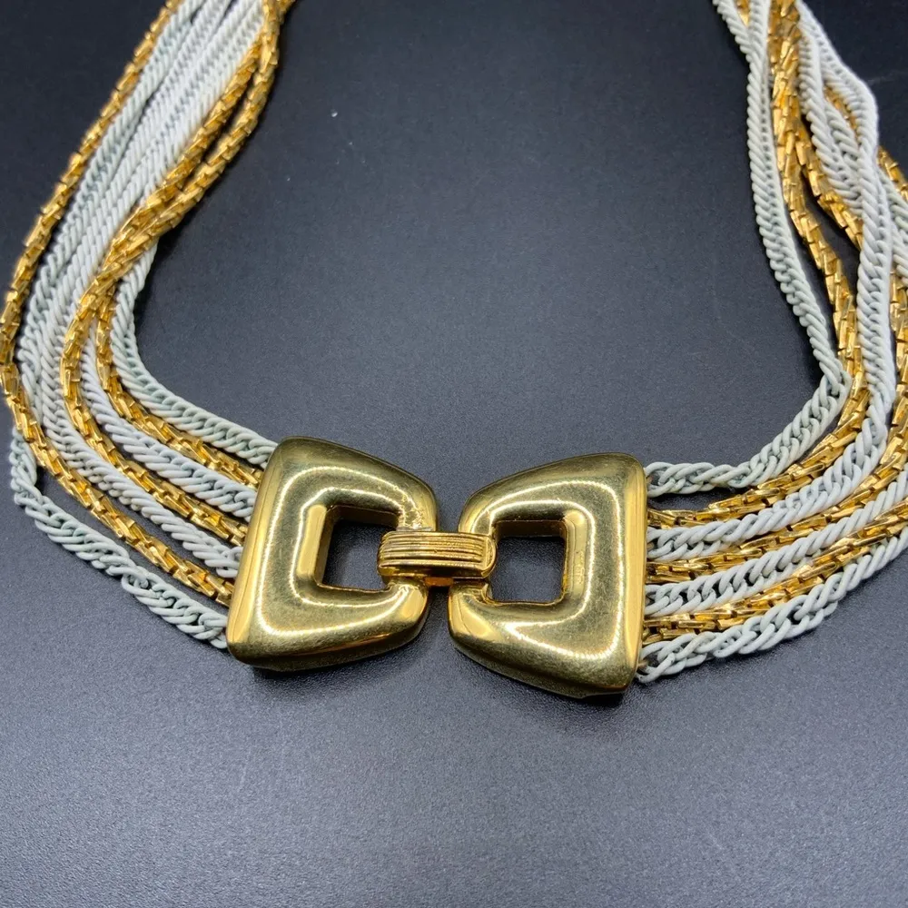 Vintage signed Trifari goldtone/white enamel chains, 7 strand 18” - Image 5